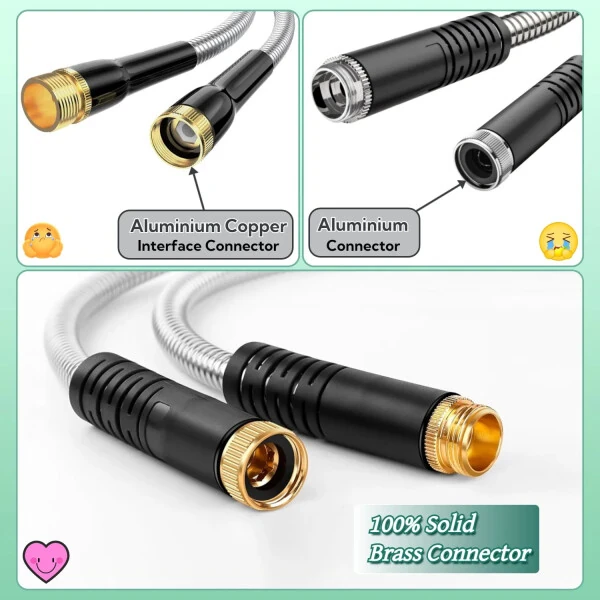 Teblint Metal bog' vositasi 50ft, 304 zanglamaydigan po'lat bog 'shlangi, 10 funktsiyali shlang nozli og'ir suv shlanglari, moslashuvchan, burilish va chigallik yo'q, oqish va teshilishga chidamli, 150psi - 6