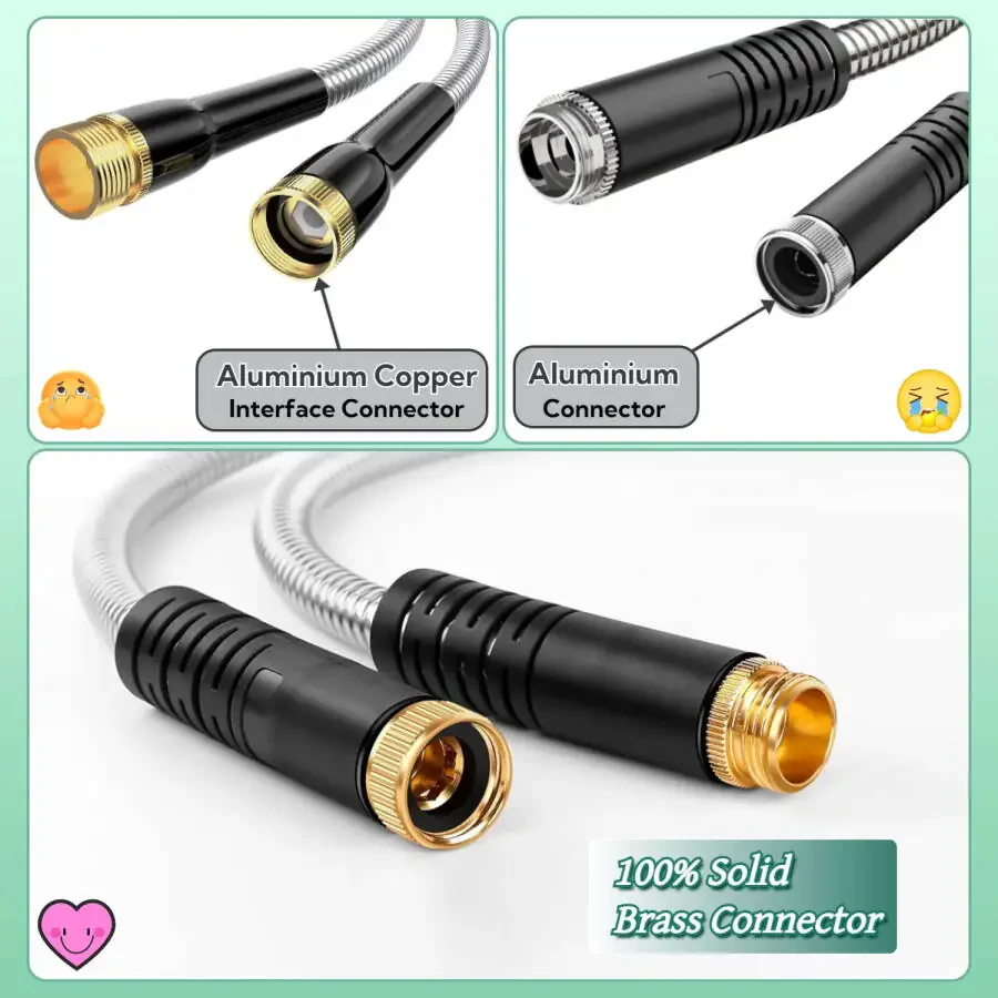Teblint Metal bog' vositasi 50ft, 304 zanglamaydigan po'lat bog 'shlangi, 10 funktsiyali shlang nozli og'ir suv shlanglari, moslashuvchan, burilish va chigallik yo'q, oqish va teshilishga chidamli, 150psi - 6