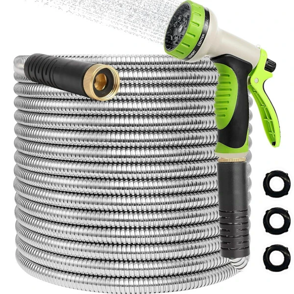 Teblint Metal Garden Hose 50ft, 304 Stainless Steel Garden Hose, Heavy Duty Water Hoses with 10 Function Hose Nozzle, Flexible, No Kink & Tangle, Leak & Puncture Proof, 150psi - TEBLINT