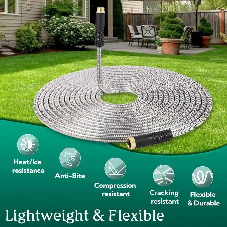 Teblint Metal Garden Hose 50ft, 304 Stainless Steel Garden Hose, Heavy Duty Water Hoses with 10 Function Hose Nozzle, Flexible, No Kink & Tangle, Leak & Puncture Proof, 150psi - 3