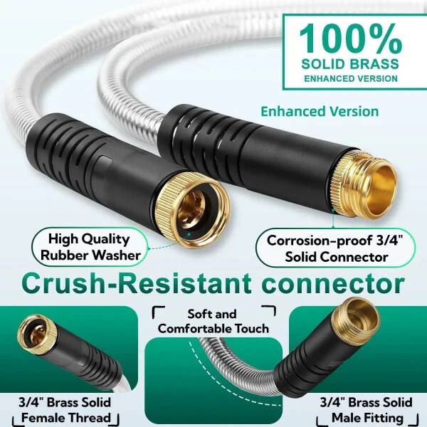 Teblint Metal Garden Hose 50ft, 304 Stainless Steel Garden Hose, Heavy Duty Water Hoses with 10 Function Hose Nozzle, Flexible, No Kink & Tangle, Leak & Puncture Proof, 150psi - 4