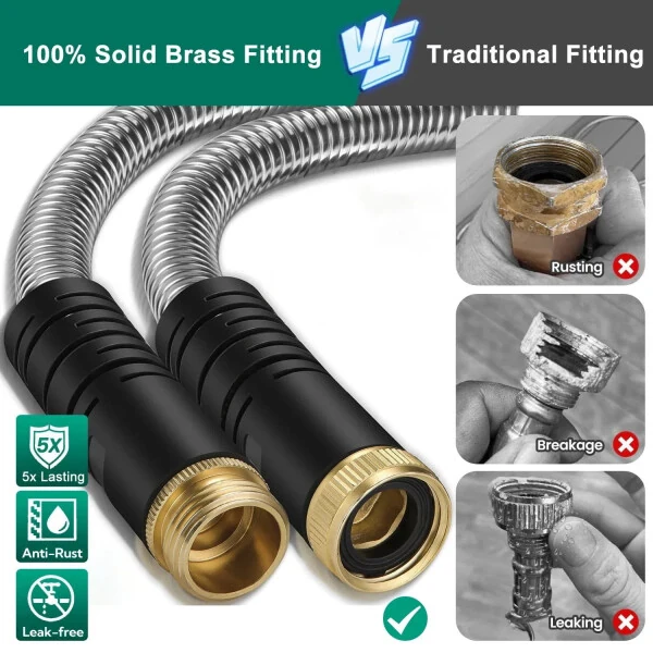 Teblint Metal Garden Hose 50ft, 304 Stainless Steel Garden Hose, Heavy Duty Water Hoses with 10 Function Hose Nozzle, Flexible, No Kink & Tangle, Leak & Puncture Proof, 150psi - 5
