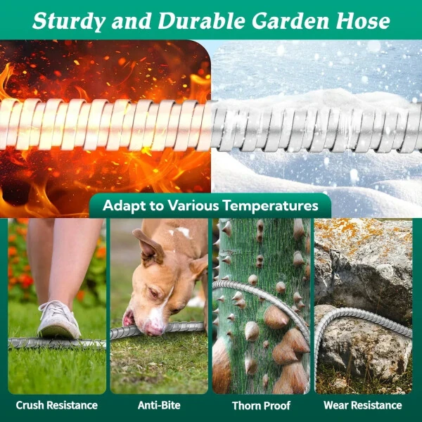 Teblint Metal Garden Hose 50ft, 304 Stainless Steel Garden Hose, Heavy Duty Water Hoses with 10 Function Hose Nozzle, Flexible, No Kink & Tangle, Leak & Puncture Proof, 150psi - 7