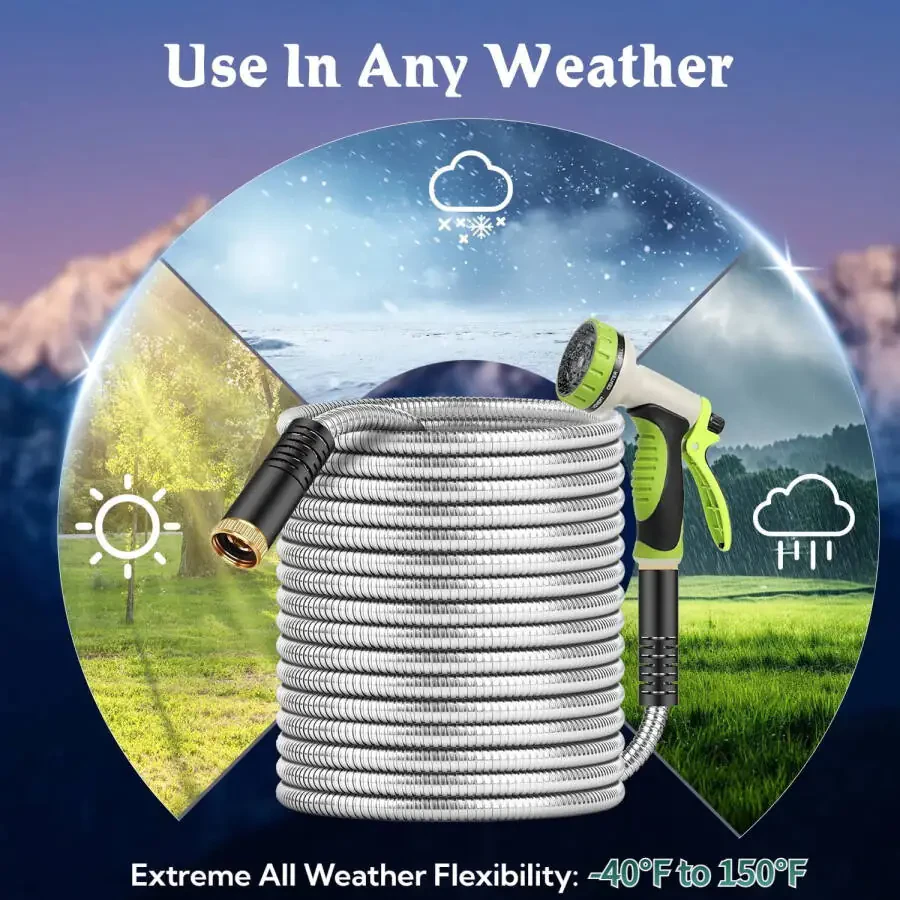 Teblint Metal Garden Hose 50ft, 304 Stainless Steel Garden Hose, Heavy Duty Water Hoses with 10 Function Hose Nozzle, Flexible, No Kink & Tangle, Leak & Puncture Proof, 150psi - 8