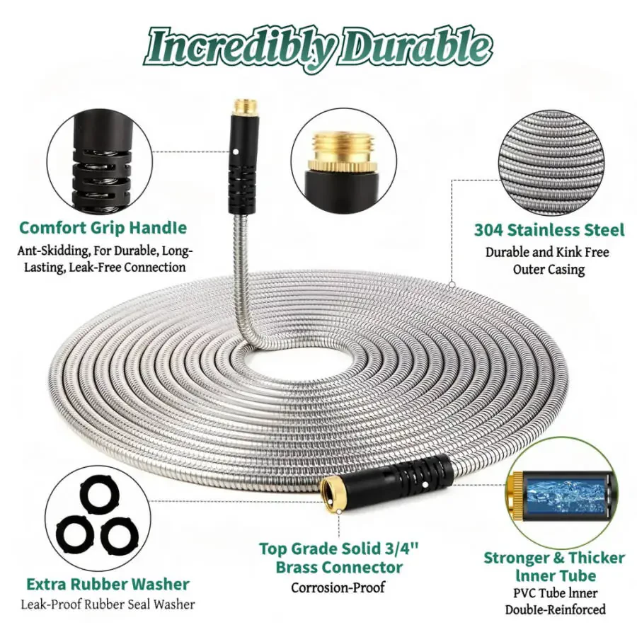 Teblint Metal Garden Hose 50ft, 304 Stainless Steel Garden Hose, Heavy Duty Water Hoses with 10 Function Hose Nozzle, Flexible, No Kink & Tangle, Leak & Puncture Proof, 150psi - 12