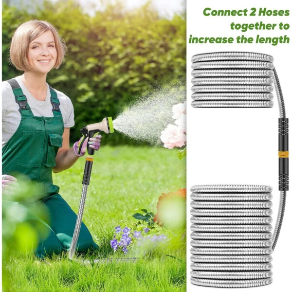 Teblint Metal Garden Hose 50ft, 304 Stainless Steel Garden Hose, Heavy Duty Water Hoses with 10 Function Hose Nozzle, Flexible, No Kink & Tangle, Leak & Puncture Proof, 150psi - 14