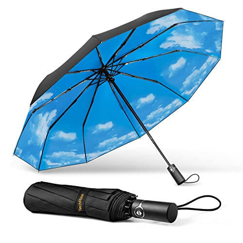 TechRise Large Windproof Umbrella, Wind Resistant Compact Travel Folding Umbrellas, Ladies Auto Open Close Strong Wind Proof Rain Proof with 10 Ribs golf umbrella collapsible for Men Women - 10