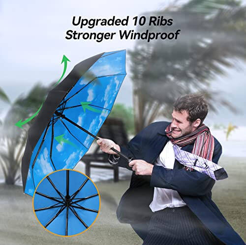 TechRise Large Windproof Umbrella, Wind Resistant Compact Travel Folding Umbrellas, Ladies Auto Open Close Strong Wind Proof Rain Proof with 10 Ribs golf umbrella collapsible for Men Women - 13