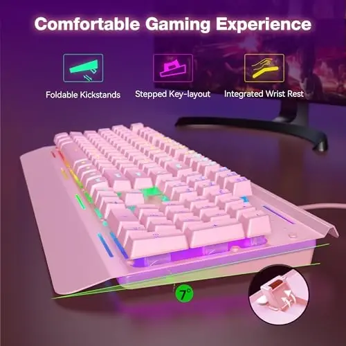 TECKNET Gaming Keyboard, USB simli kompyuter klaviaturasi, 15 zonali RGB yoritish, IP32 suvga chidamlilik, 25 ta anti-ghosting tugmachalari, to'liq metall panel (Whisper Quiet Gaming Switch) - 2