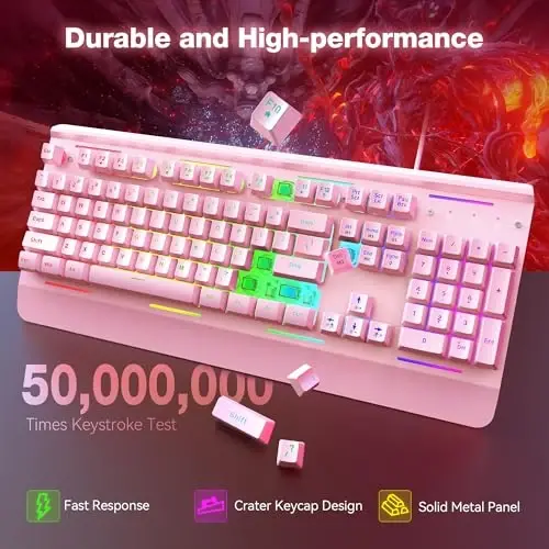 TECKNET Gaming Keyboard, USB simli kompyuter klaviaturasi, 15 zonali RGB yoritish, IP32 suvga chidamlilik, 25 ta anti-ghosting tugmachalari, to'liq metall panel (Whisper Quiet Gaming Switch) - 4