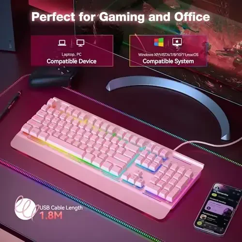 TECKNET Gaming Keyboard, USB simli kompyuter klaviaturasi, 15 zonali RGB yoritish, IP32 suvga chidamlilik, 25 ta anti-ghosting tugmachalari, to'liq metall panel (Whisper Quiet Gaming Switch) - 5