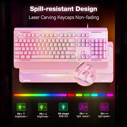 TECKNET Gaming Keyboard, USB simli kompyuter klaviaturasi, 15 zonali RGB yoritish, IP32 suvga chidamlilik, 25 ta anti-ghosting tugmachalari, to'liq metall panel (Whisper Quiet Gaming Switch) - 6