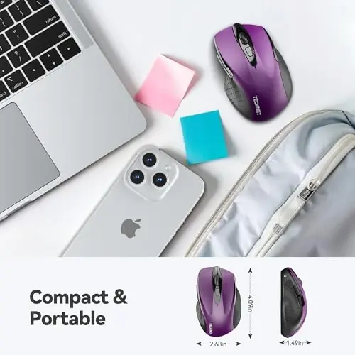 TECKNET Wireless Mouse, 2.4G Ergonomic Optical Mouse, Computer Mouse for Laptop, PC, Computer, Chromebook, Notebook, 6 Buttons, 24 Months Battery Life, 2600 DPI, 5 Adjustment Levels - Purple - 3