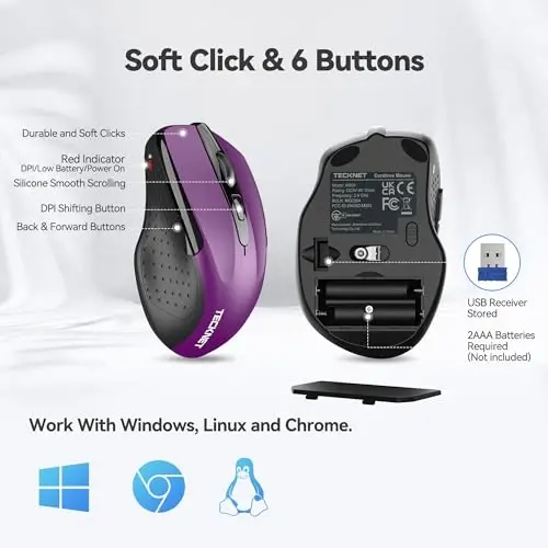 TECKNET Wireless Mouse, 2.4G Ergonomic Optical Mouse, Computer Mouse for Laptop, PC, Computer, Chromebook, Notebook, 6 Buttons, 24 Months Battery Life, 2600 DPI, 5 Adjustment Levels - Purple - 5