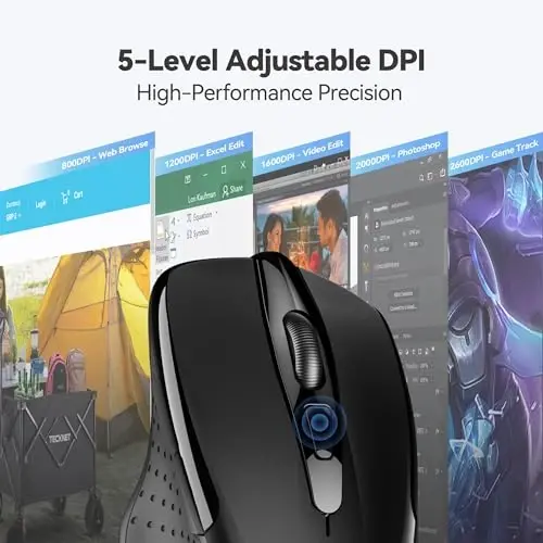 TECKNET Wireless Mouse, 2.4G Ergonomic Optical Mouse, Computer Mouse for Laptop, PC, Computer, Chromebook, Notebook, 6 Buttons, 24 Months Battery Life, 2600 DPI, 5 Adjustment Levels - Black - 5