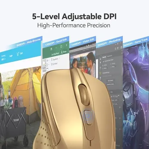 TECKNET Wireless Mouse, 2.4G Ergonomic Optical Mouse, Computer Mouse for Laptop, PC, Computer, Chromebook, Notebook, 6 Buttons, 24 Months Battery Life, 2600 DPI, 5 Adjustment Levels - Gold - 4