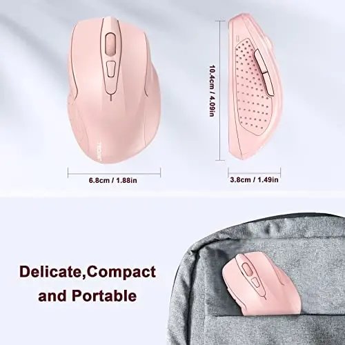 TECKNET Wireless Mouse, 2.4G Ergonomic Optical Mouse, Computer Mouse for Laptop, PC, Computer, Chromebook, Notebook, 6 Buttons, 24 Months Battery Life, 2600 DPI, 5 Adjustment Levels - Pink - 3