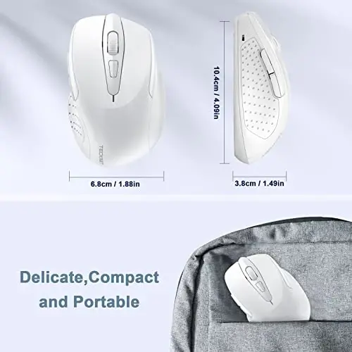 TECKNET Wireless Mouse, 2.4G Ergonomic Optical Mouse, Computer Mouse for Laptop, PC, Computer, Chromebook, Notebook, 6 Buttons, 24 Months Battery Life, 2600 DPI, 5 Adjustment Levels - White - 4