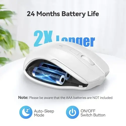 TECKNET Wireless Mouse, 2.4G Ergonomic Optical Mouse, Computer Mouse for Laptop, PC, Computer, Chromebook, Notebook, 6 Buttons, 24 Months Battery Life, 2600 DPI, 5 Adjustment Levels - White - 6