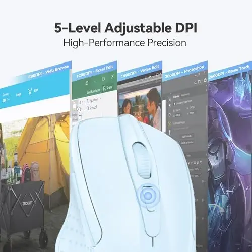 TECKNET Wireless Mouse, 2.4G Ergonomic Optical Mouse, Computer Mouse for Laptop, PC, Computer, Chromebook, Notebook, 6 Buttons, 24 Months Battery Life, 2600 DPI, 5 Adjustment Levels - Lightblue - 4