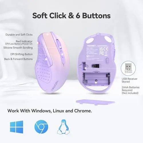 TECKNET Wireless Mouse, 2.4G Ergonomic Optical Mouse, Computer Mouse for Laptop, PC, Computer, Chromebook, Notebook, 6 Buttons, 24 Months Battery Life, 2600 DPI, 5 Adjustment Levels, Gradient Lavender - 6