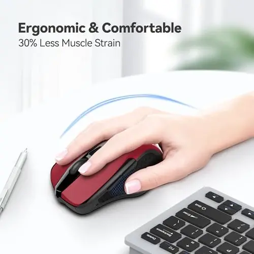 TECKNET Wireless Mouse, 2.4G Ergonomic Optical Mouse, Computer Mouse for Laptop, PC, Computer, Chromebook, Notebook, 6 Buttons, 24 Months Battery Life, 2600 DPI, 5 Adjustment Levels - Red - 3