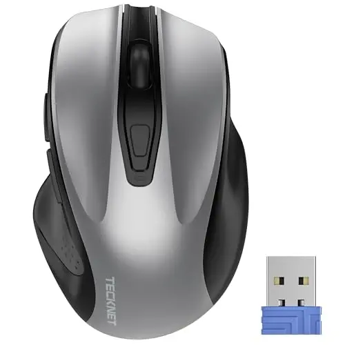 TECKNET Wireless Mouse, 2.4G Ergonomic Optical Mouse, Computer Mouse for Laptop, PC, Computer, Chromebook, Notebook, 6 Buttons, 24 Months Battery Life, 2600 DPI, 5 Adjustment Levels - Silver - 1