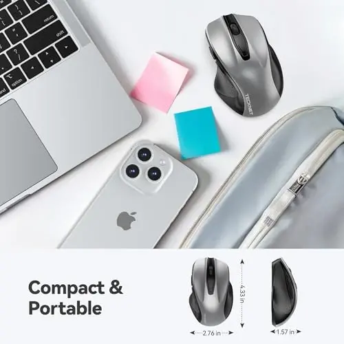 TECKNET Wireless Mouse, 2.4G Ergonomic Optical Mouse, Computer Mouse for Laptop, PC, Computer, Chromebook, Notebook, 6 Buttons, 24 Months Battery Life, 2600 DPI, 5 Adjustment Levels - Silver - 2