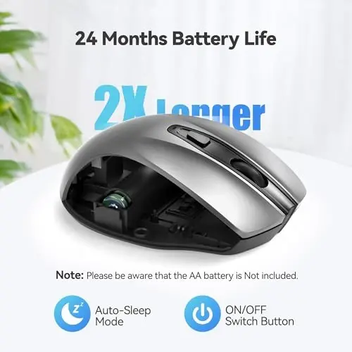 TECKNET Wireless Mouse, 2.4G Ergonomic Optical Mouse, Computer Mouse for Laptop, PC, Computer, Chromebook, Notebook, 6 Buttons, 24 Months Battery Life, 2600 DPI, 5 Adjustment Levels - Silver - 5