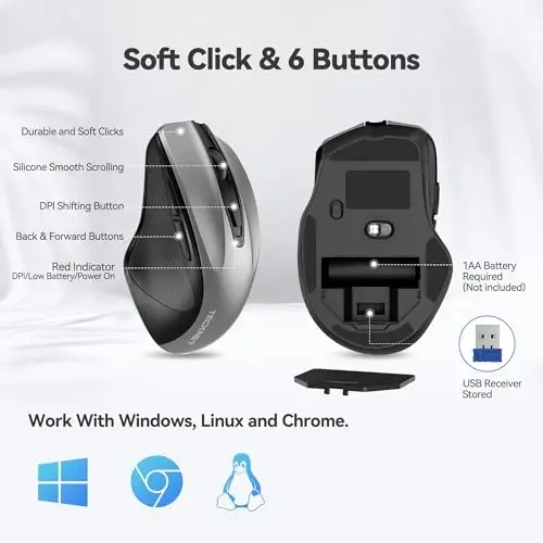 TECKNET Wireless Mouse, 2.4G Ergonomic Optical Mouse, Computer Mouse for Laptop, PC, Computer, Chromebook, Notebook, 6 Buttons, 24 Months Battery Life, 2600 DPI, 5 Adjustment Levels - Silver - 6