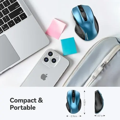 TECKNET Wireless Mouse, 2.4G Ergonomic Optical Mouse, Computer Mouse for Laptop, PC, Computer, Chromebook, Notebook, 6 Buttons, 24 Months Battery Life, 2600 DPI, 5 Adjustment Levels - Azure - 2