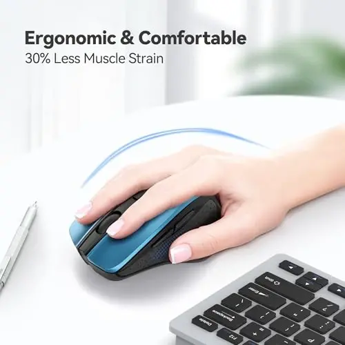 TECKNET Wireless Mouse, 2.4G Ergonomic Optical Mouse, Computer Mouse for Laptop, PC, Computer, Chromebook, Notebook, 6 Buttons, 24 Months Battery Life, 2600 DPI, 5 Adjustment Levels - Azure - 3