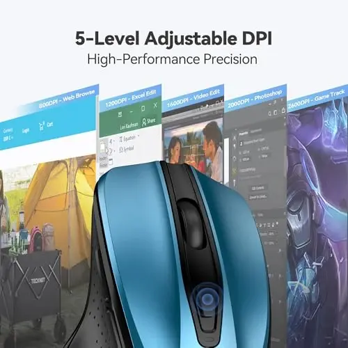 TECKNET Wireless Mouse, 2.4G Ergonomic Optical Mouse, Computer Mouse for Laptop, PC, Computer, Chromebook, Notebook, 6 Buttons, 24 Months Battery Life, 2600 DPI, 5 Adjustment Levels - Azure - 4