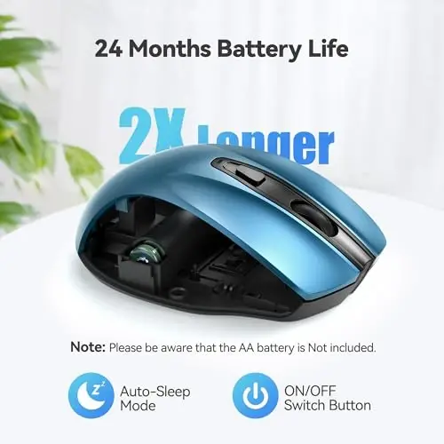 TECKNET Wireless Mouse, 2.4G Ergonomic Optical Mouse, Computer Mouse for Laptop, PC, Computer, Chromebook, Notebook, 6 Buttons, 24 Months Battery Life, 2600 DPI, 5 Adjustment Levels - Azure - 5