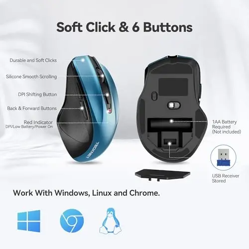 TECKNET Wireless Mouse, 2.4G Ergonomic Optical Mouse, Computer Mouse for Laptop, PC, Computer, Chromebook, Notebook, 6 Buttons, 24 Months Battery Life, 2600 DPI, 5 Adjustment Levels - Azure - 6