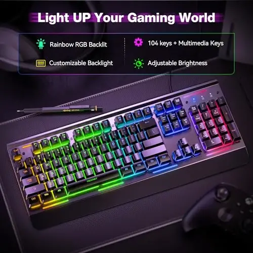 TECKNET RGB Gaming Keyboard, 105 Keys, All-Metal Panel, 15-Zone RGB Illumination, Silent Keyboard with Wrist Rest, 25 Anti-ghosting Keys, IP32 Water Resistance, USB Wired Keyboard for PC, Mac, Laptop - 3