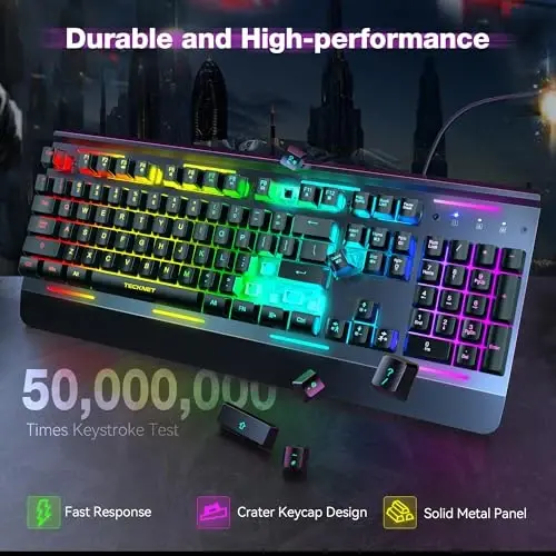 TECKNET RGB Gaming Keyboard, 105 Keys, All-Metal Panel, 15-Zone RGB Illumination, Silent Keyboard with Wrist Rest, 25 Anti-ghosting Keys, IP32 Water Resistance, USB Wired Keyboard for PC, Mac, Laptop - 4
