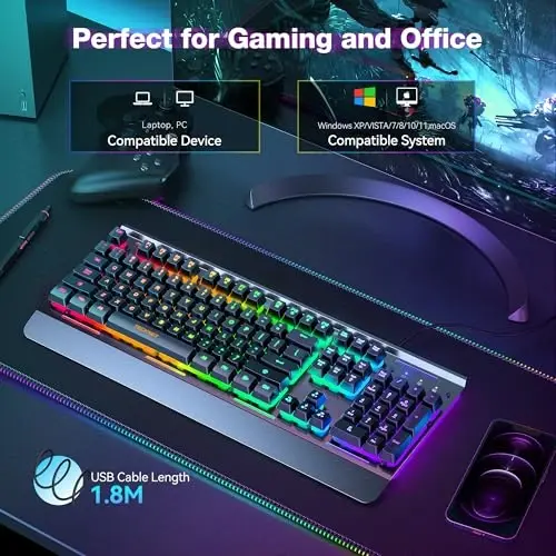 TECKNET RGB Gaming Keyboard, 105 Keys, All-Metal Panel, 15-Zone RGB Illumination, Silent Keyboard with Wrist Rest, 25 Anti-ghosting Keys, IP32 Water Resistance, USB Wired Keyboard for PC, Mac, Laptop - 5