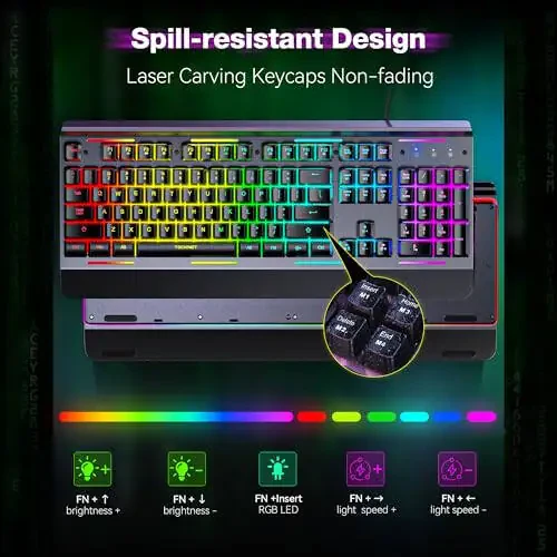 TECKNET Gaming Keyboard, USB Wired Computer Keyboard, 15-Zone RGB Illumination, IP32 Water Resistance, 25 Anti-ghosting Keys, All-Metal Panel (Whisper Quiet Gaming Switch) - 5