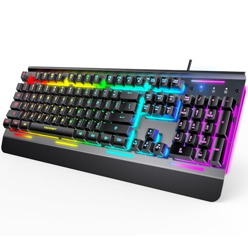 TECKNET RGB Oyun Klavyesi, 105 Tuş, Tamamen Metal Panel, 15 Bölgeli RGB Aydınlatma, Bilek Desteğiyle Sessiz Klavye, 25 Anti-Ghosting Tuş, IP32 Su Direnci, PC, Mac, Dizüstü Bilgisayar İçin USB Kablolu Klavye - 1