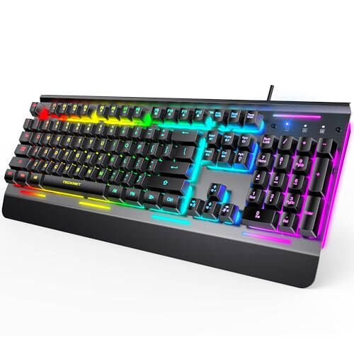 TECKNET RGB Oyun Klavyesi, 105 Tuş, Tamamen Metal Panel, 15 Bölgeli RGB Aydınlatma, Bilek Desteğiyle Sessiz Klavye, 25 Anti-Ghosting Tuş, IP32 Su Direnci, PC, Mac, Dizüstü Bilgisayar İçin USB Kablolu Klavye - 1