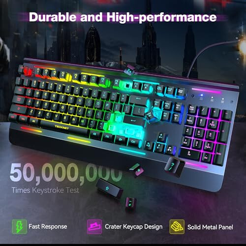 TECKNET RGB Oyun Klavyesi, 105 Tuş, Tamamen Metal Panel, 15 Bölgeli RGB Aydınlatma, Bilek Desteğiyle Sessiz Klavye, 25 Anti-Ghosting Tuş, IP32 Su Direnci, PC, Mac, Dizüstü Bilgisayar İçin USB Kablolu Klavye - 3