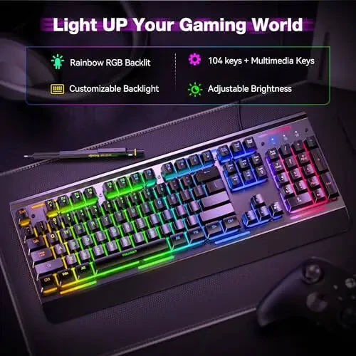 TECKNET Gaming Keyboard, USB Wired Computer Keyboard, 15-Zone RGB Illumination, IP32 Water Resistance, 25 Anti-ghosting Keys, All-Metal Panel (Whisper Quiet Gaming Switch) - 2