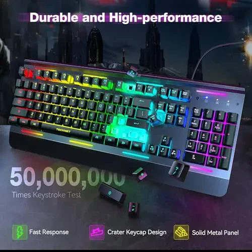 TECKNET Gaming Keyboard, USB Wired Computer Keyboard, 15-Zone RGB Illumination, IP32 Water Resistance, 25 Anti-ghosting Keys, All-Metal Panel (Whisper Quiet Gaming Switch) - 3