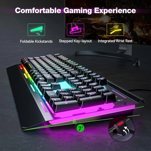TECKNET Gaming Keyboard, USB Wired Computer Keyboard, 15-Zone RGB Illumination, IP32 Water Resistance, 25 Anti-ghosting Keys, All-Metal Panel (Whisper Quiet Gaming Switch) - 4