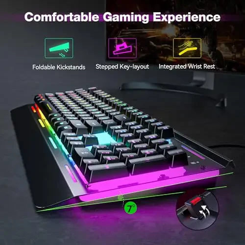 TECKNET Gaming Keyboard, USB Wired Computer Keyboard, 15-Zone RGB Illumination, IP32 Water Resistance, 25 Anti-ghosting Keys, All-Metal Panel (Whisper Quiet Gaming Switch) - 4