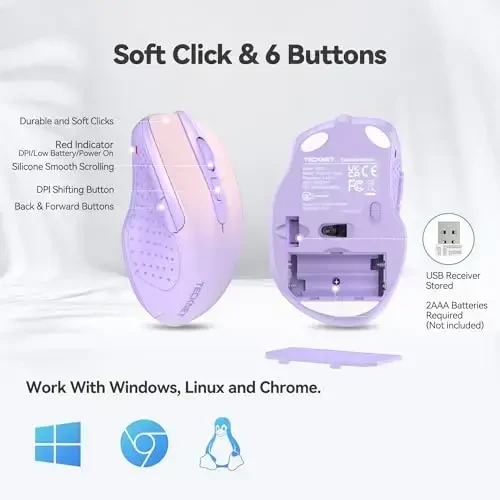 TECKNET Simsiz Sichqoncha, 2.4G Ergonomik Optik Sichqoncha, Noutbuk, PC, Kompyuter, Chromebook uchun Kompyuter Sichqonchasi, 6 Tugma, 24 Oy Batareya Muddati, 4000 DPI, 6 Sozlash Darajasi - 6