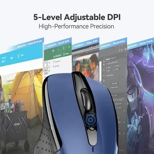 TECKNET Simsiz sichqoncha, 2.4G Ergonomik optik sichqoncha, noutbuk, shaxsiy kompyuter, kompyuter, Chromebook, daftar kompyuter uchun kompyuter sichqonchasi, 6 tugma, 24 oy batareya muddati, 2600 DPI, 5 sozlash darajasi - 6