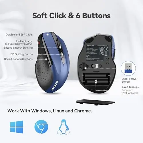 TECKNET Simsiz sichqoncha, 2.4G Ergonomik optik sichqoncha, noutbuk, shaxsiy kompyuter, kompyuter, Chromebook, daftar kompyuter uchun kompyuter sichqonchasi, 6 tugma, 24 oy batareya muddati, 2600 DPI, 5 sozlash darajasi - 5
