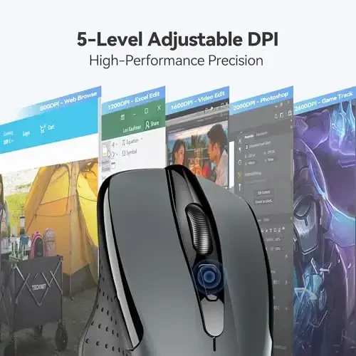 TECKNET Wireless Mouse, 2.4G Ergonomic Optical Mouse, Computer Mouse for Laptop, PC, Computer, Chromebook, Notebook, 6 Buttons, 24 Months Battery Life, 2600 DPI, 5 Adjustment Levels - 6